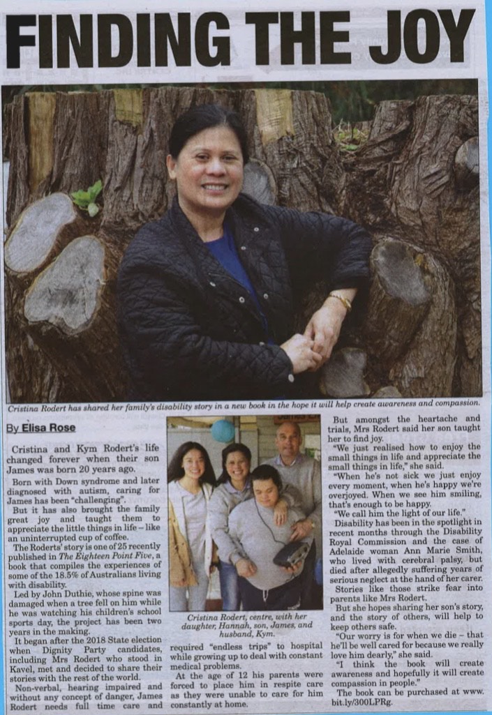 Newspaper article with heading 'Finding the joy'. A photo of Cristina in front of a tree.Another photo below of the 4 members of the family. Hannah, Cristina, James and Kym. 